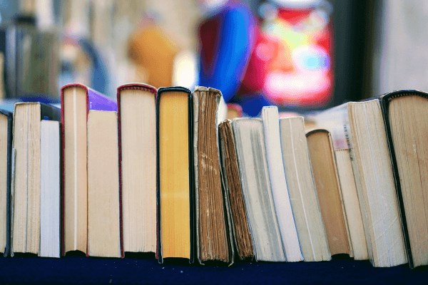 Stack of books in library