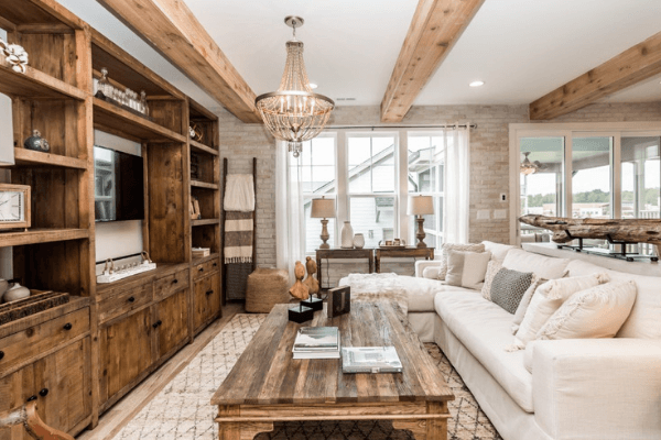 living room with built-in shelving