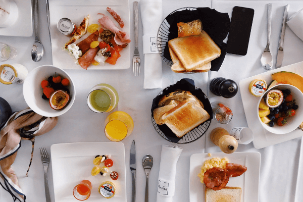 array of breakfast foods