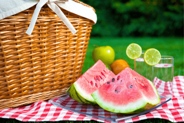 picnic basket and fruit