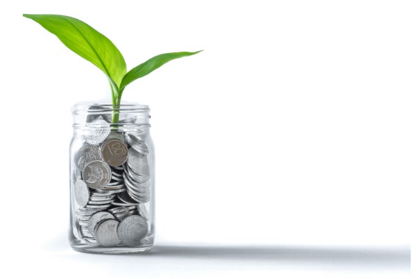 Jar full of change with plant growing