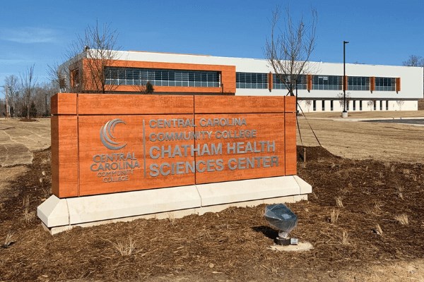 Central Carolina Community College Health Sciences Campus entrance sign at Briar Chapel