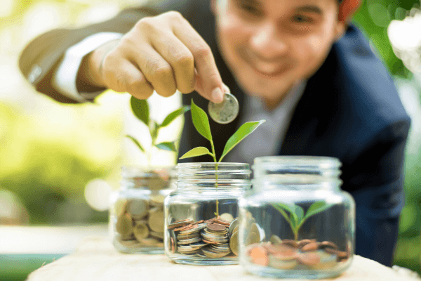 Jars with money and plants