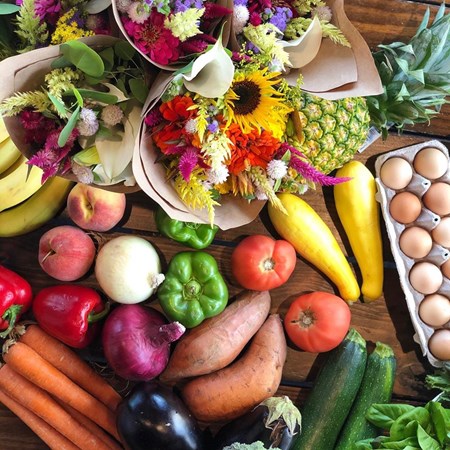 local produce, colorful flowers