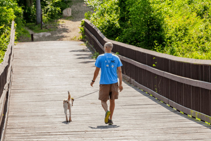 Man walking his dog along boardwalk trail